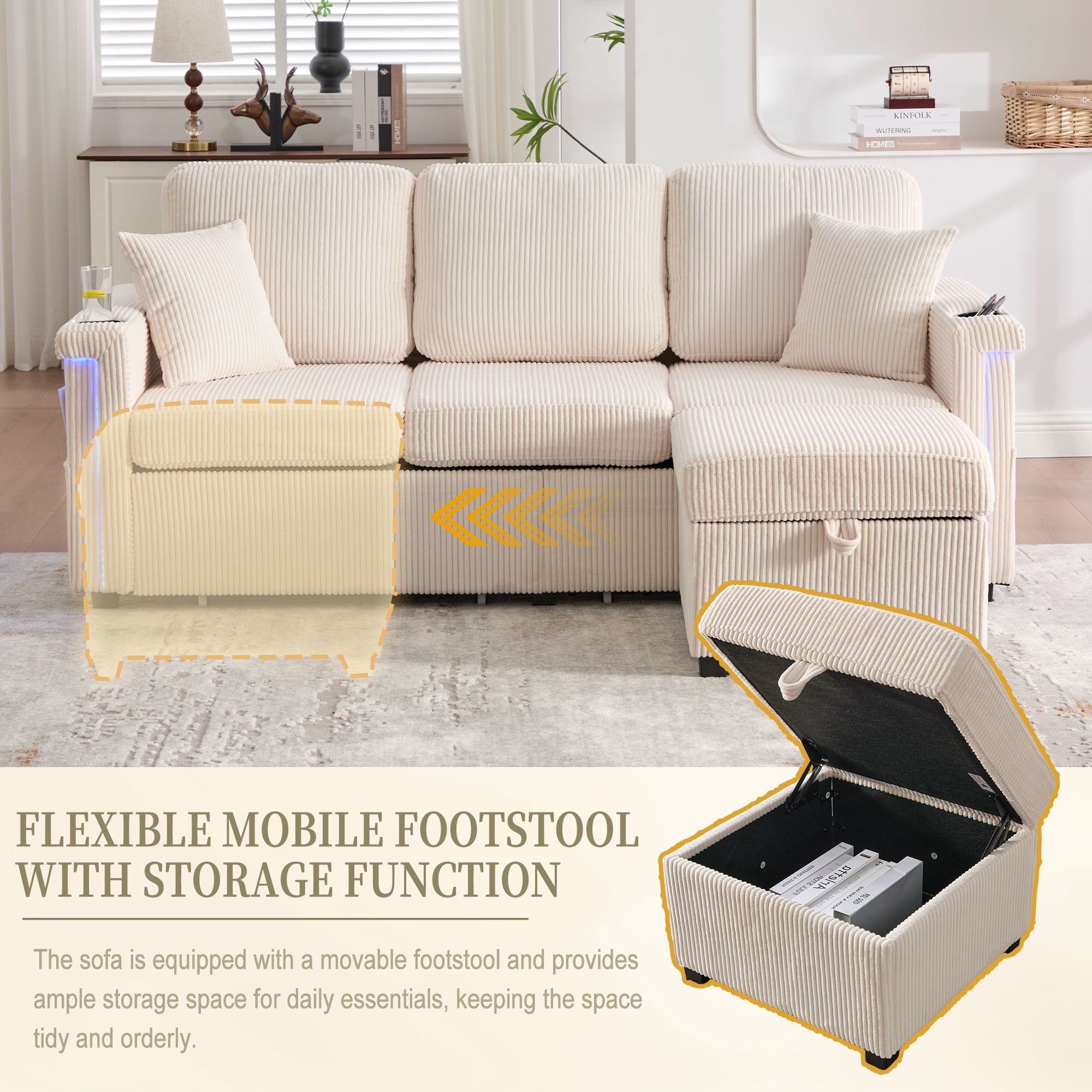 L-Shaped Sectional Sofa,Corduroy Convertible 3-Seat Sofa Couch with Pull-Out Storage,Ottoman for Living Room,Apartment,Beige