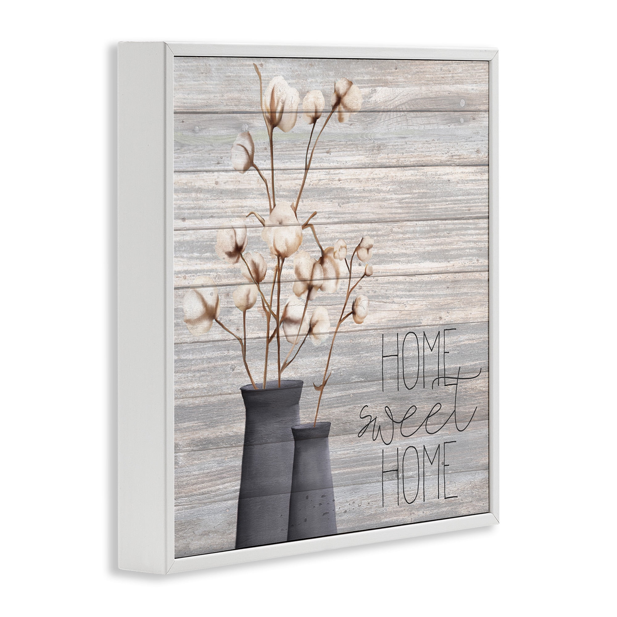 Grey Home Sweet Home Cotton Flowers in Vase Botanical & Floral Framed Art Print Wall Art, 17x17