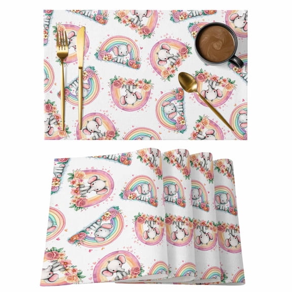 Pink Cute Elephant Placemats Set of 4 Spring Floral Botanical Rainbow Place Mats Indoor Wipeable Table Mats Washable Cloth Dining Table Placemats for Kitchen Holiday Party Home Decor 13x19 Inch