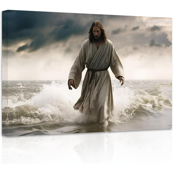 ZHONGYUTONG Jesus Canvas Wall Art God Walks on the Beach Pictures Prints Christian Spiritual Poster Abstract Artwork for Prayer Room Living Room Framed (24.00" x 36.00")
