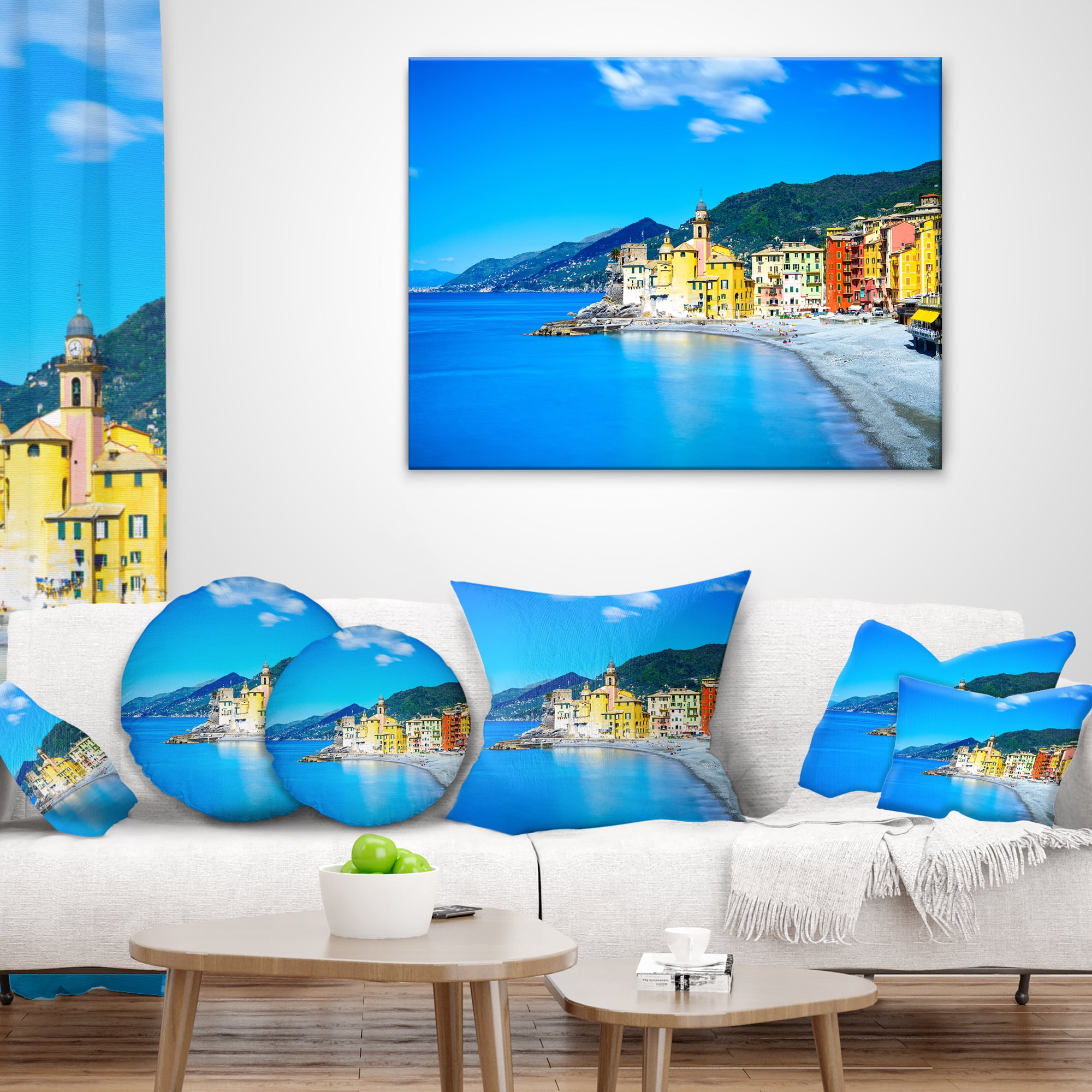 Designart Camogli Church on Sea and Beach View - Seashore Throw Pillow - 18x18