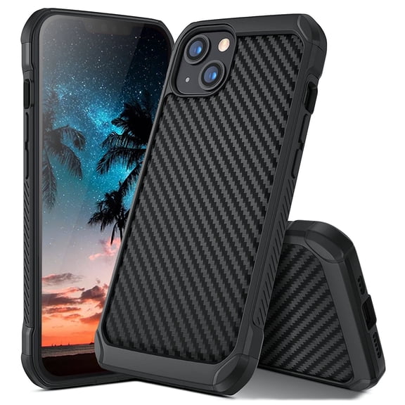 TJS Phone Case for Apple iPhone 14 Plus, Dual Layer Hybrid Shock Absorbing Carbon Fiber Drop Protector Cover (Black)