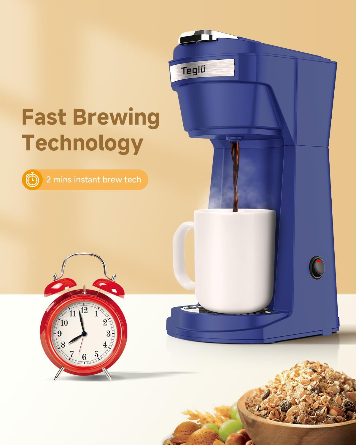 Single Serve Coffee Maker for K Cup Pod & Ground Coffee 2 in 1, K Cup Coffee Machine 14 oz Brew Size, Mini Single Cup Coffee Pod Fast Brew, Reusable Filter, Blue