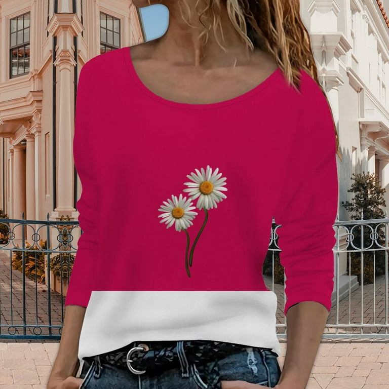XFLWAM Women Casual Print Crew Neck Long Sleeve Loose T-Shirt Color Block  Blouse Pullover Tops Hot Pink 3XL