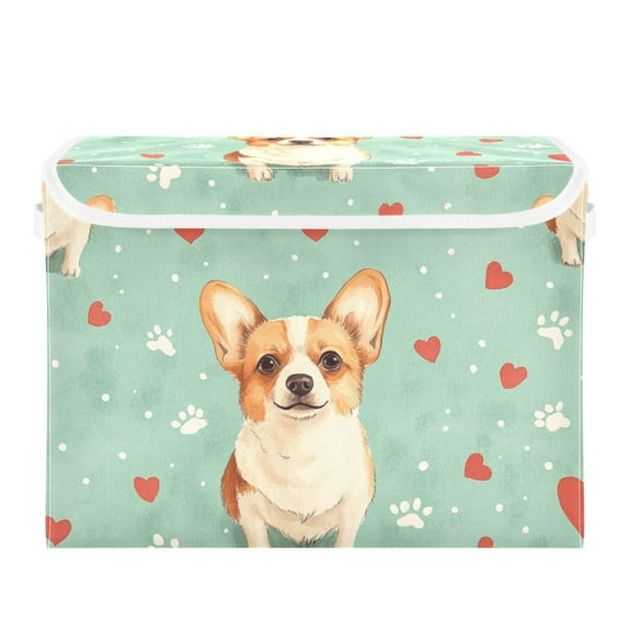 Dog on Green Background Large Storage Bins with Linen Collapsible Lid Storage Box 16.7 x 12.6 x 11.8in