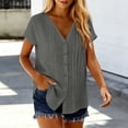 thumbnail image 5 of Ltctricy Women's Cotton Linen Tops Short Sleeve V Neck Curved Hem Pleated Button down Shirts Casual Loose Tunic Blouses, 5 of 7