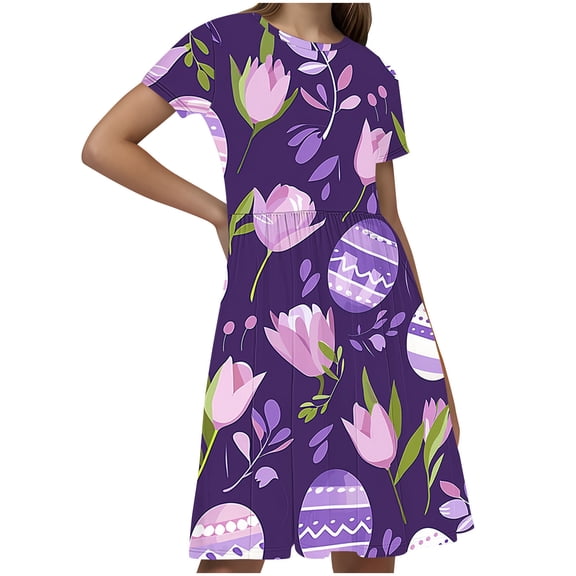 Hrsba Kids Summer Dress,Casual Dress for Girls,Toddler Kids Girls Print Short Sleeve Stretchy Dress A Line Dress