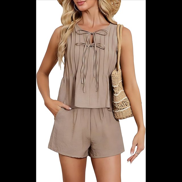 Traje de de Dos Piezas Sin Mangas de Verano para Mujer, Color Caqui, Talla L