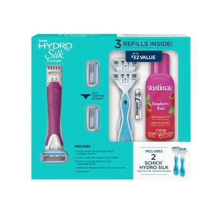 Schick Hydro Silk Women s Gift Set  1 TrimStyle Razor & Bikini Trimmer  3 Moisture Care Razor Refills  2 Sensitive Care Disposable Razors  1 Skintimate Raspberry Rain Shave Gel and 1 AAA Battery