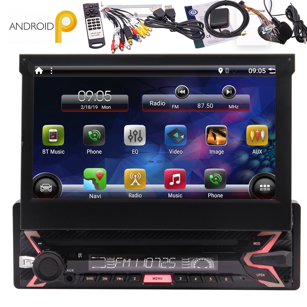 Android 9.0 Pie Single Din Car Stereo 7 Inch Flip Out Capacitive Touch Screen Support Bluetooth WiFi GPS Navigation Mirror Link AM/FM Car Radio OBD USB SD AUX Cam-in with Backup Camera and Microphone 