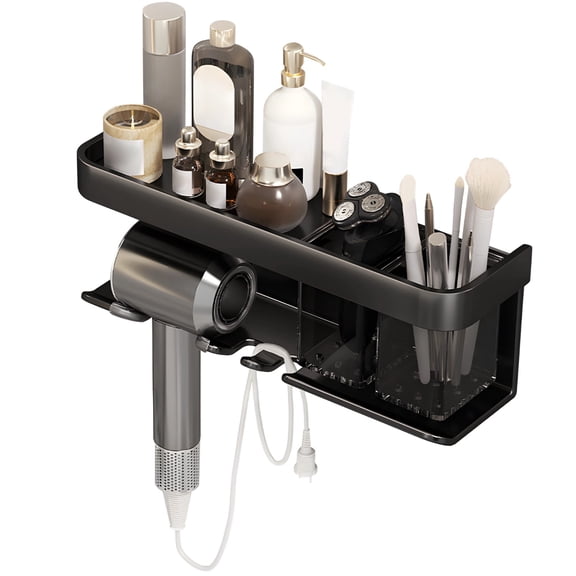 Hair Dryer Holder Wall Mount, Aluminum Alloy Bathroom Organizing Rack, Multifunctional Black Dual Cup Hair Dryer Hanger, Wall Mounted Organizer