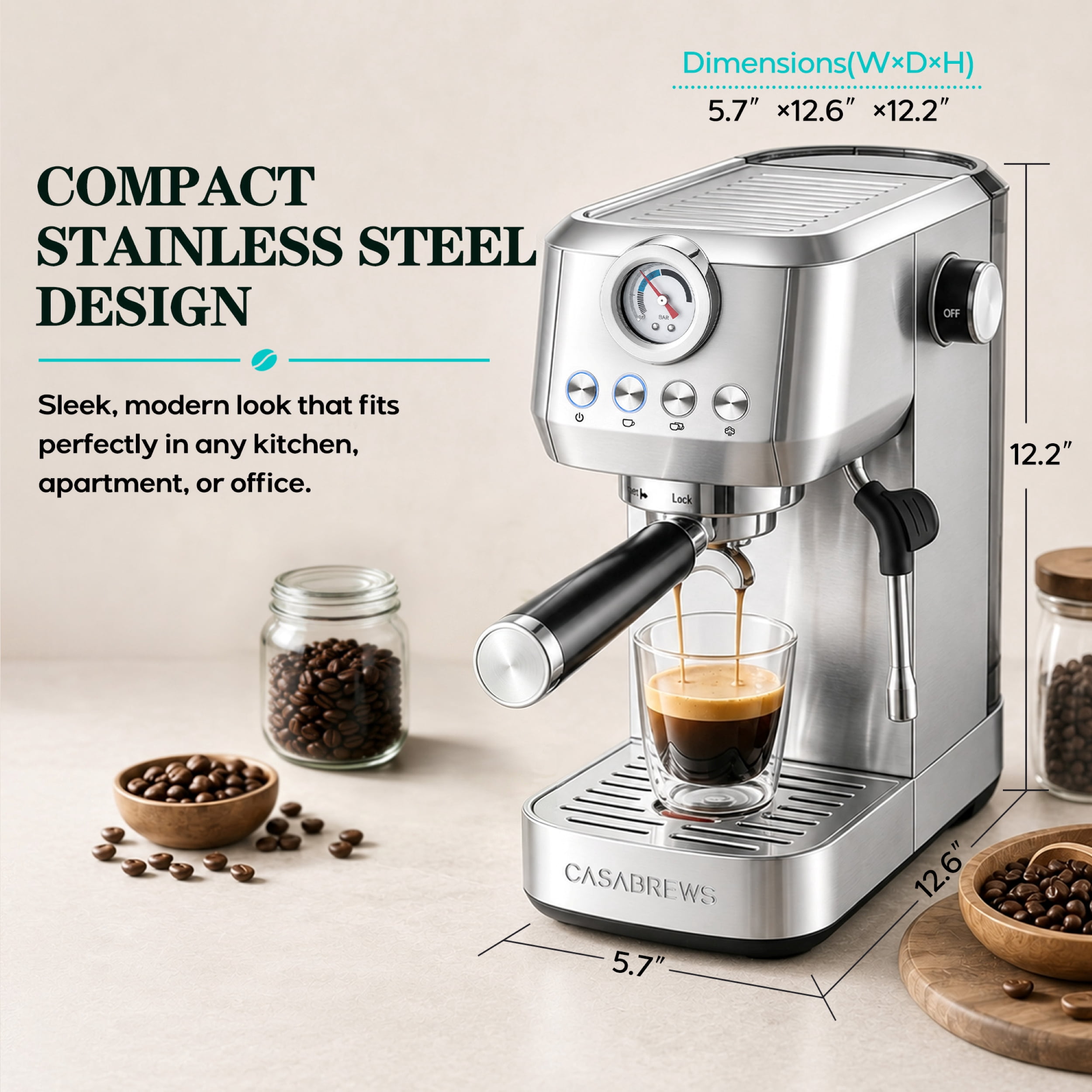 Casabrews 3700Gense Espresso Machine with 58mm Portafilter, PID Temperature Control, Pressure Gauge, 20-Bar Pump, Steam Wand & Stainless Steel Design