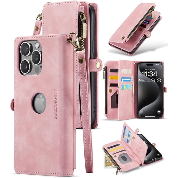 Logo View for iPhone 15 Pro Max Case Wallet RFID Blocking with Card Holder Slots for Women Men PU Leather Flip Strap Zipper Pocket Protective Phone Case for iPhone 15 Pro Max 6.7", Pink
