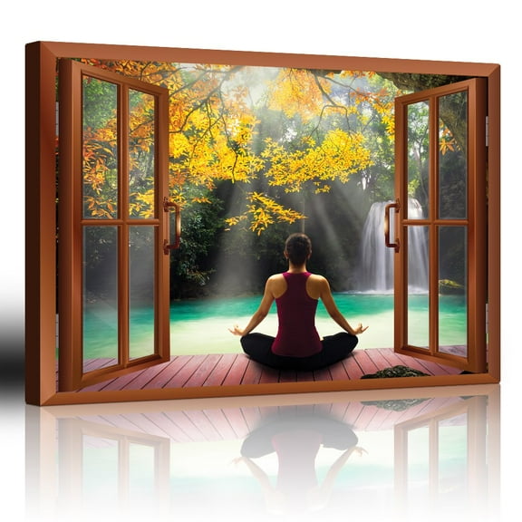 wall26 - Modern Copper Window Looking Out Into a Woman Meditating by a Lake with a Waterfall - Canvas Art Home Art - 24x36 inches