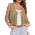 thumbnail image 2 of (Marrón M) Chaleco de mujer con borla remache chaqueta de moto casual estilo étnico ligero sin mangas ante sintético estilo hippie chaleco retro vaquera, 2 of 5