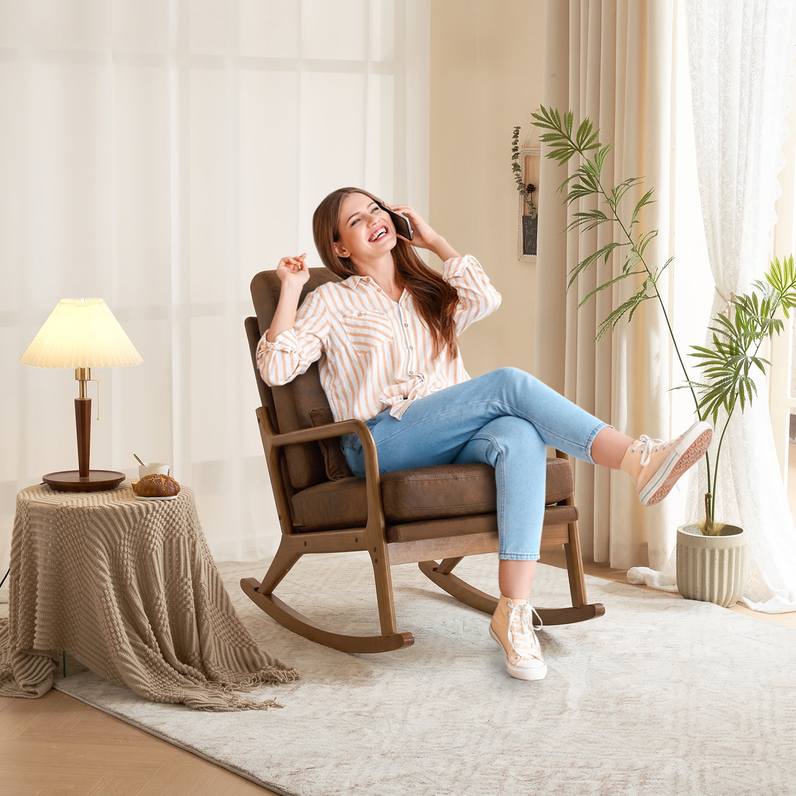 UBesGoo Bronzing Cloth Rocking Chair,Mid-Century Glider Rocker with Padded Seat and Wood Frame, Modern Accent Chair for Living Room Brown