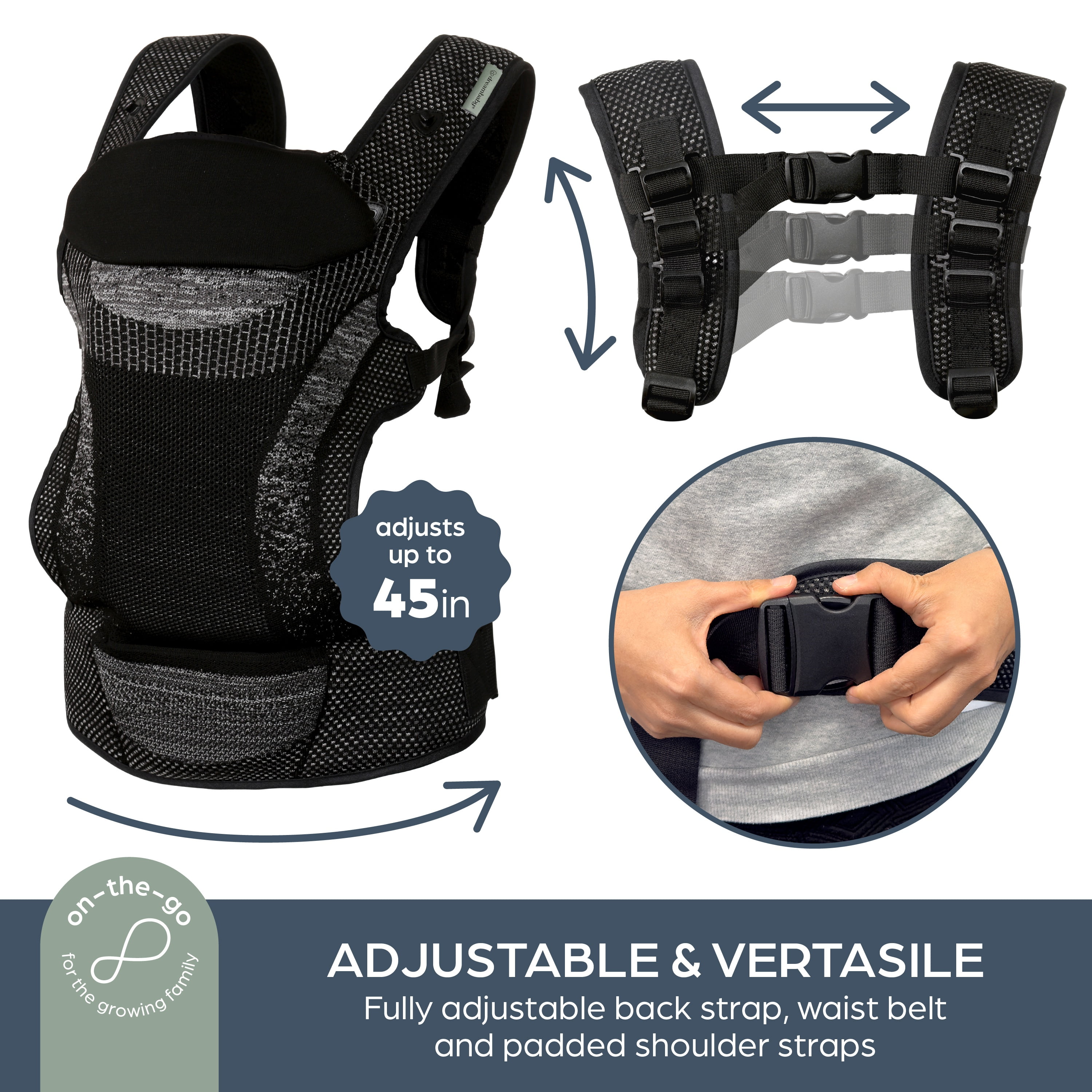 Dreambaby Inspire 3-Position Baby Carrier Newborn to Toddler, 8-33lb Front & Backpack Style Infant Carrier, Knit Fabric, Head Support, Storage Bag