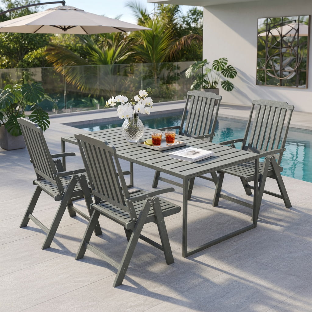 Hommoo Foldable HDPE Outdoor Patio Dining Chair with Armrests, Weatherproof, Rust-Resistant, Space-Saving Chair for Deck, Porch & Balcony, Gray