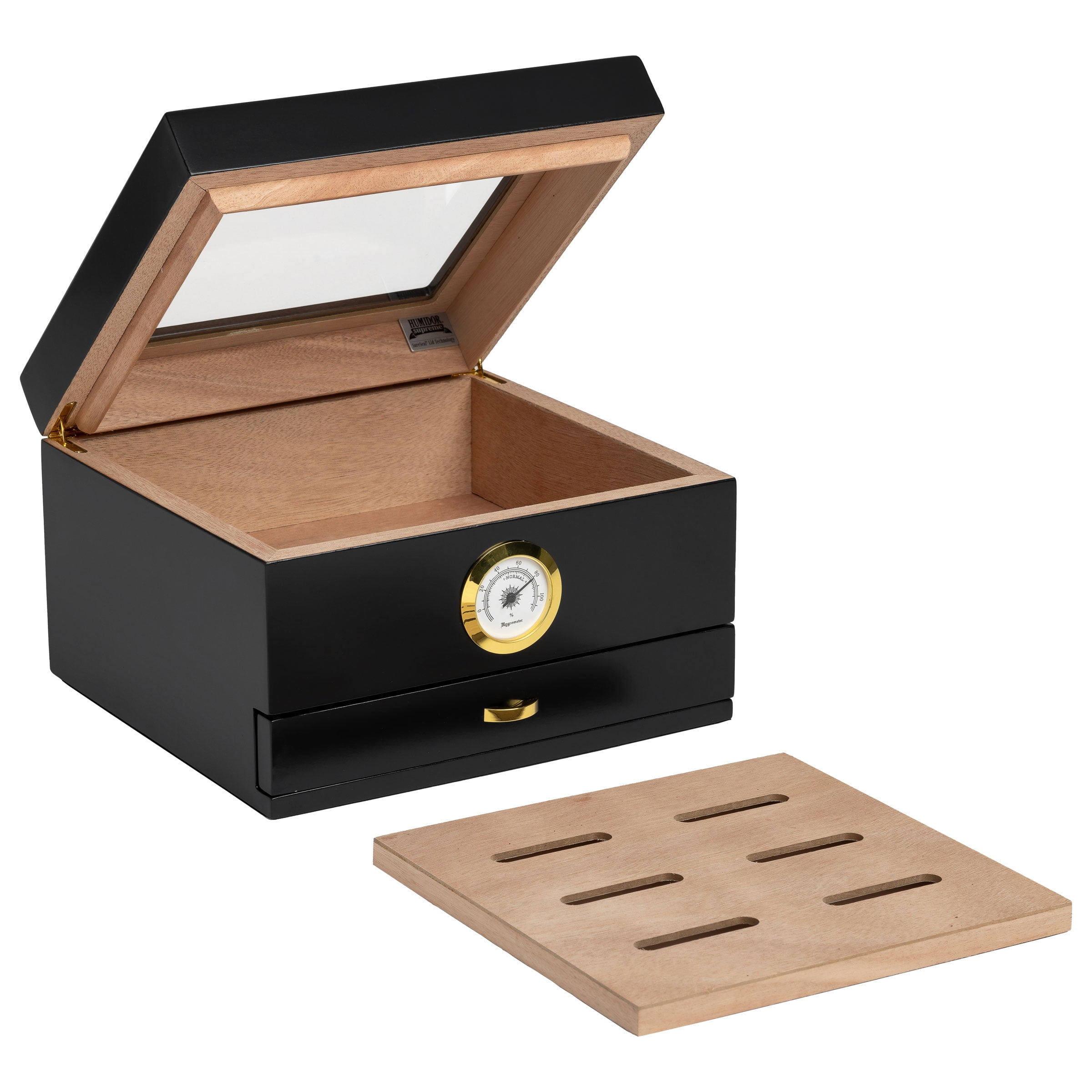 Humidor Supreme Mini Capri Glasstop with Drawer, Black, Hygrometer, 25-48 cigar