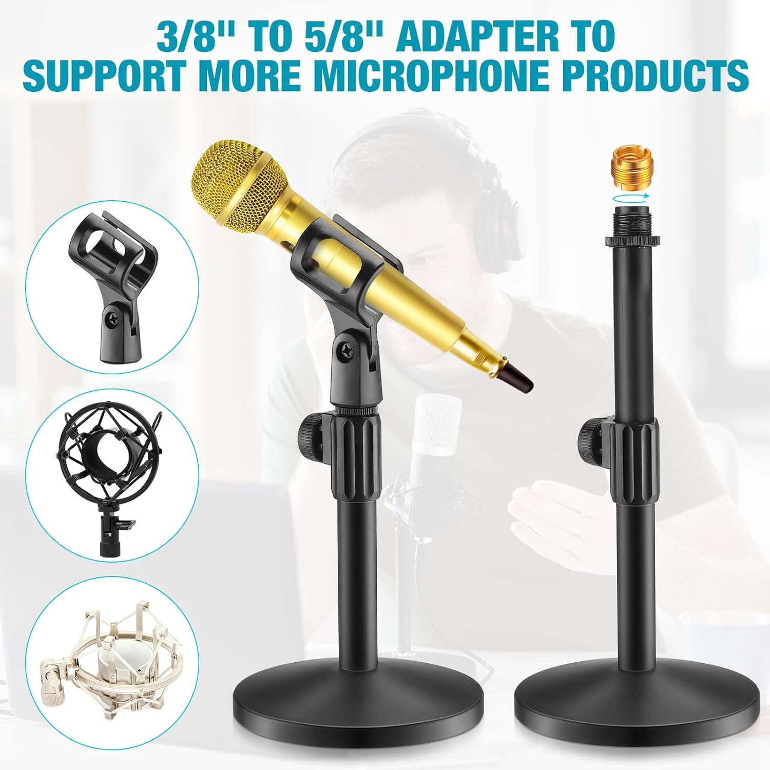 4 Pcs Desktop Mic Stand Adjustable Microphone Desk Stands with Metal Round Base for Table Interviews Black