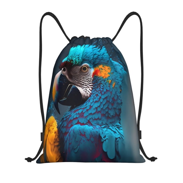 Xecao Modern Style Blue Parrot Pattern Sports Drawstring Backpack - String Swim Gym Bag with Wet Proof Pocket for Women&Men-Medium