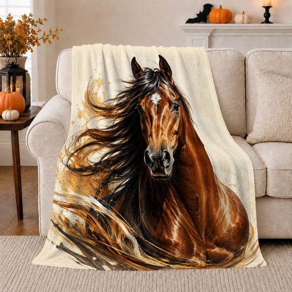 Realistic Brown Horse Head Portrait Flowing Black Mane, Festive Holiday Scene, Warm Flannel Blanket for Ranch House and Living Room, Horse Lovers Thanksgiving Gift, Rustic Home Decor