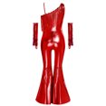 thumbnail image 5 of TiaoBug Kids Girls' Metallic Bell Bottom Jumpsuit Sleeveless One Shoulder One Piece Dance Outfits with Gloves Red 16, 5 of 6