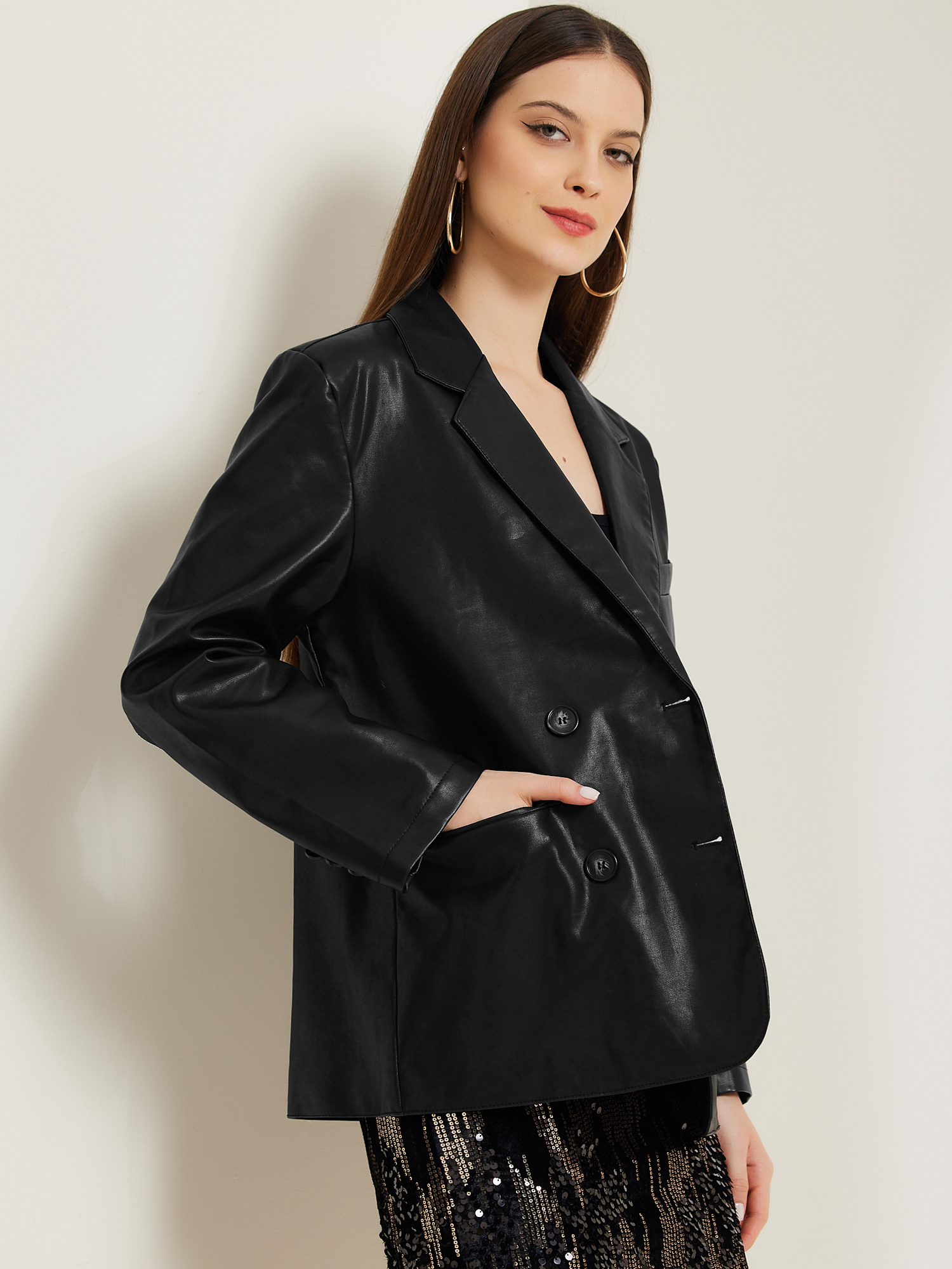 DARING DIVA Women's Faux Leather Blazer Notch Lapel Business Jackets S Black