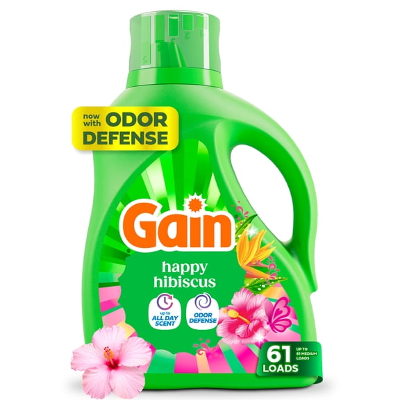 Gain Laundry Detergent Liquid, Now with Odor Defense, Happy Hibiscus Scent, 81 fl oz, 61 Loads