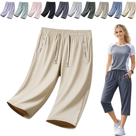 Women’s Ice Silk Capri Pants, Quick Dry Stretch Cropped Athletic Pants with Elastic Waist & Zipper Pockets for Walking, Travel & Casual Wear