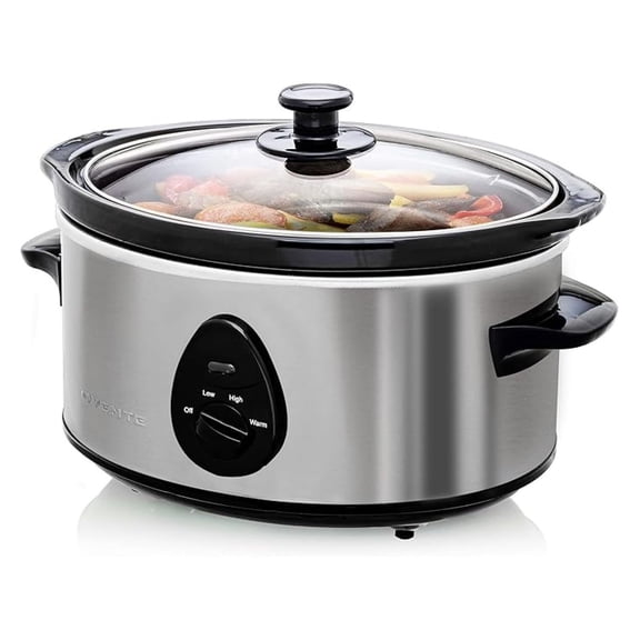 Electric Slow Cooker with 3 Cooking Settings, Non-Stick and Dishwasher Safe Stoneware, Stainless Steel Body, Glass Lid, 3.7 Qt Oval Pot for Entrees, Soups, Sauces, Stews & Dips, Silver SLO35ABR
