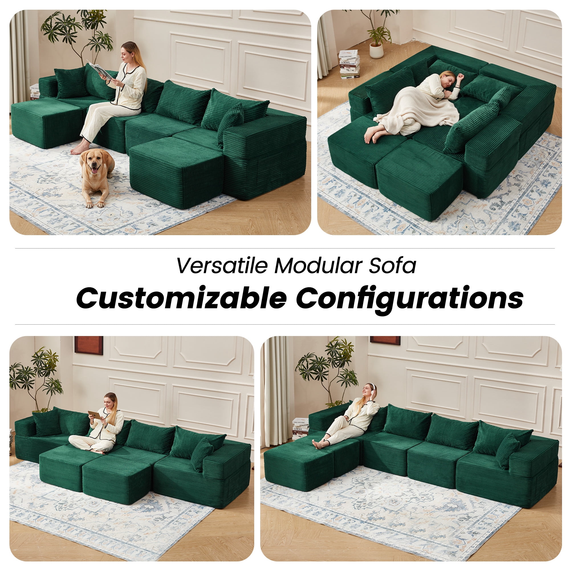 Vicluke 131" Cloud Couch Sectional, U Shaped Modern Sofa with 2 Ottomans, Comfy Corduroy Fabric Modular Sectional Sofa in a Box, Boneless Couches for Living Room, No Assembly Required (Green)