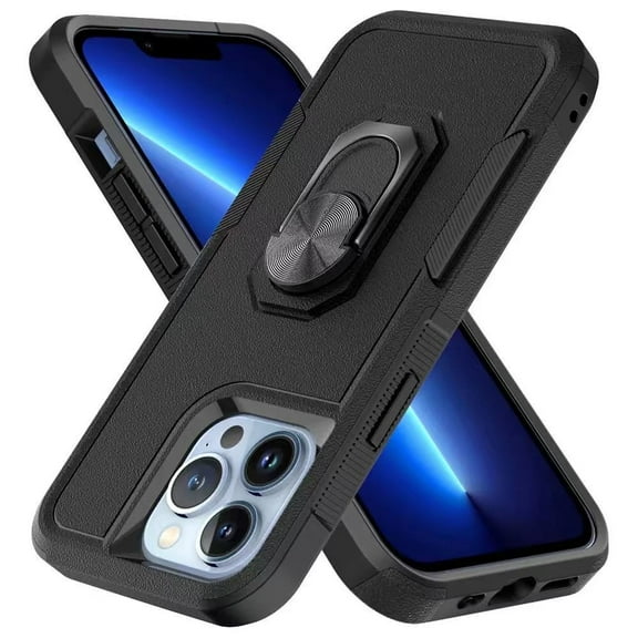 For Apple iPhone 14 Plus (6.7") Hybrid Rugged Hard Drop-Proof 3 Layer Protection Military Grade with Metal Ring Stand Cover ,Xpm Phone Case [ Black ]