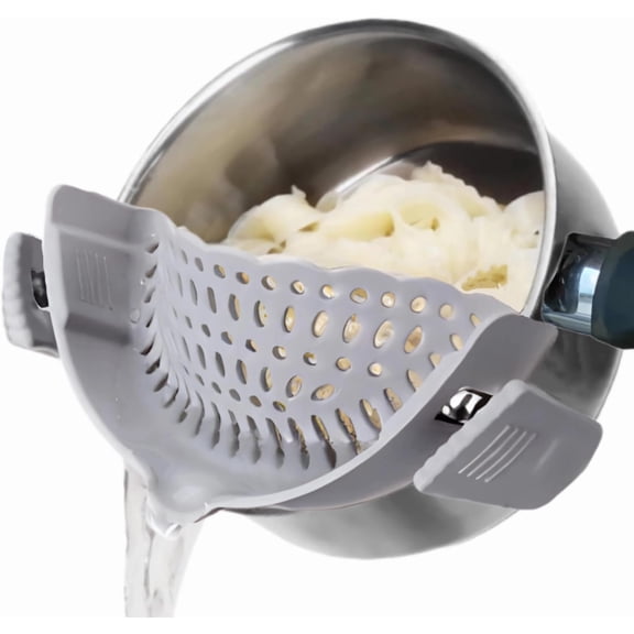 Woaeety Silicone Clip-On Colanderfor All Pots and Pans, Heat Resistant Drainer for Vegetables and Pasta Noodles, Kitchen Gadgets for Bowl, Pots, & Pans (Gray)