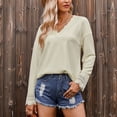 thumbnail image 3 of Rewera Women V Neck Shirts Lace Patchwork Drop Shoulder Sleeves T Shirt Pure Color Long Sleeves Pullover Light Apricot S, 3 of 6