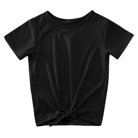 

MIASHUI Girls Tie Front Knot T Shirt Summer Solid Color Short Sleeve Crewneck Casual Tee Blouse Tops