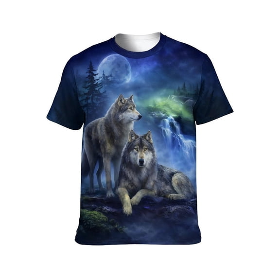 LAOLIUSN Men's Wolf Print T-Shirt, Moon Forest Graphic Tee, S-4XL