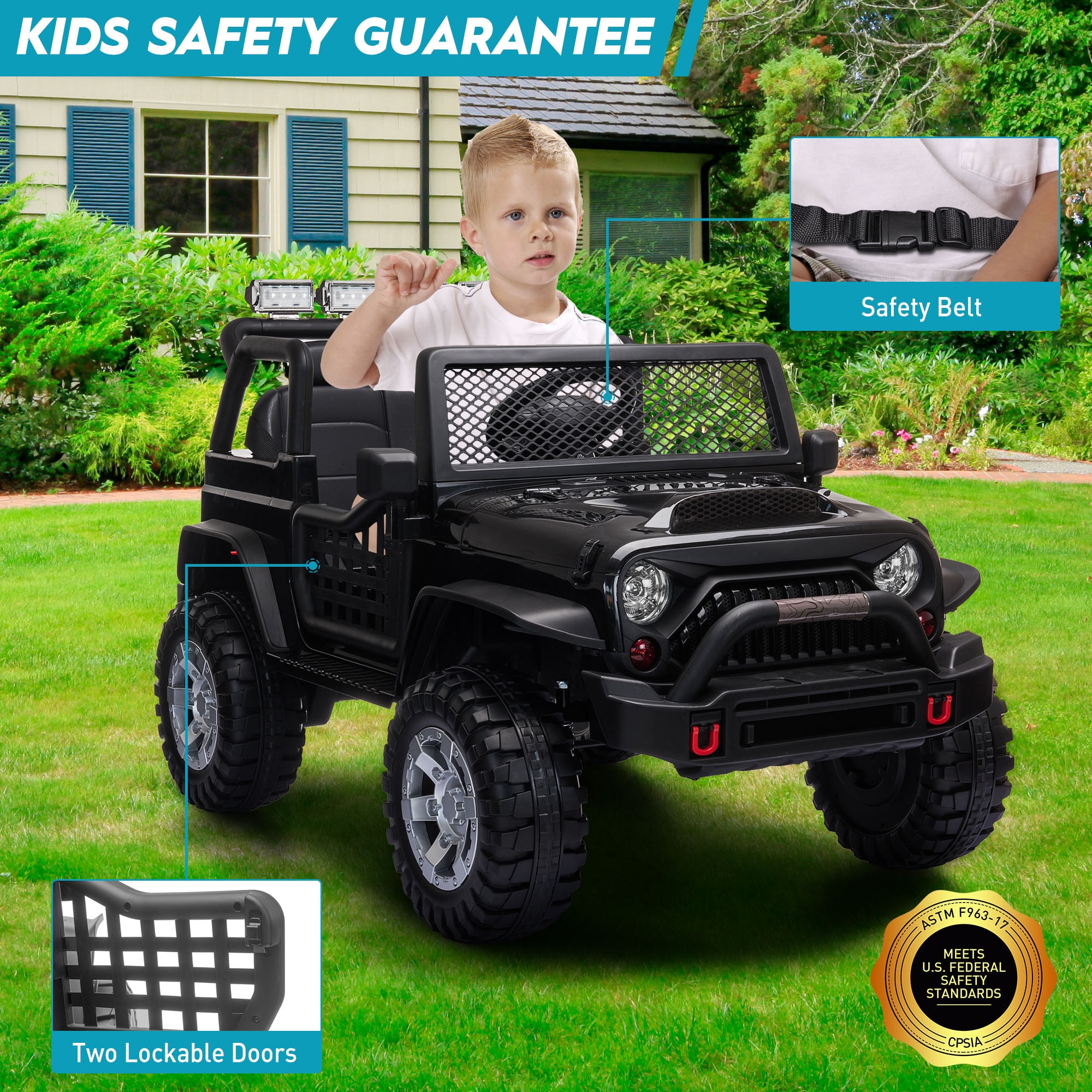TOBBI 12V Kids Ride on Car, Jeep Car with Remote Control, LED Lights, Music, Horn, Bluetooth, Spring Suspension, Rocking, Black