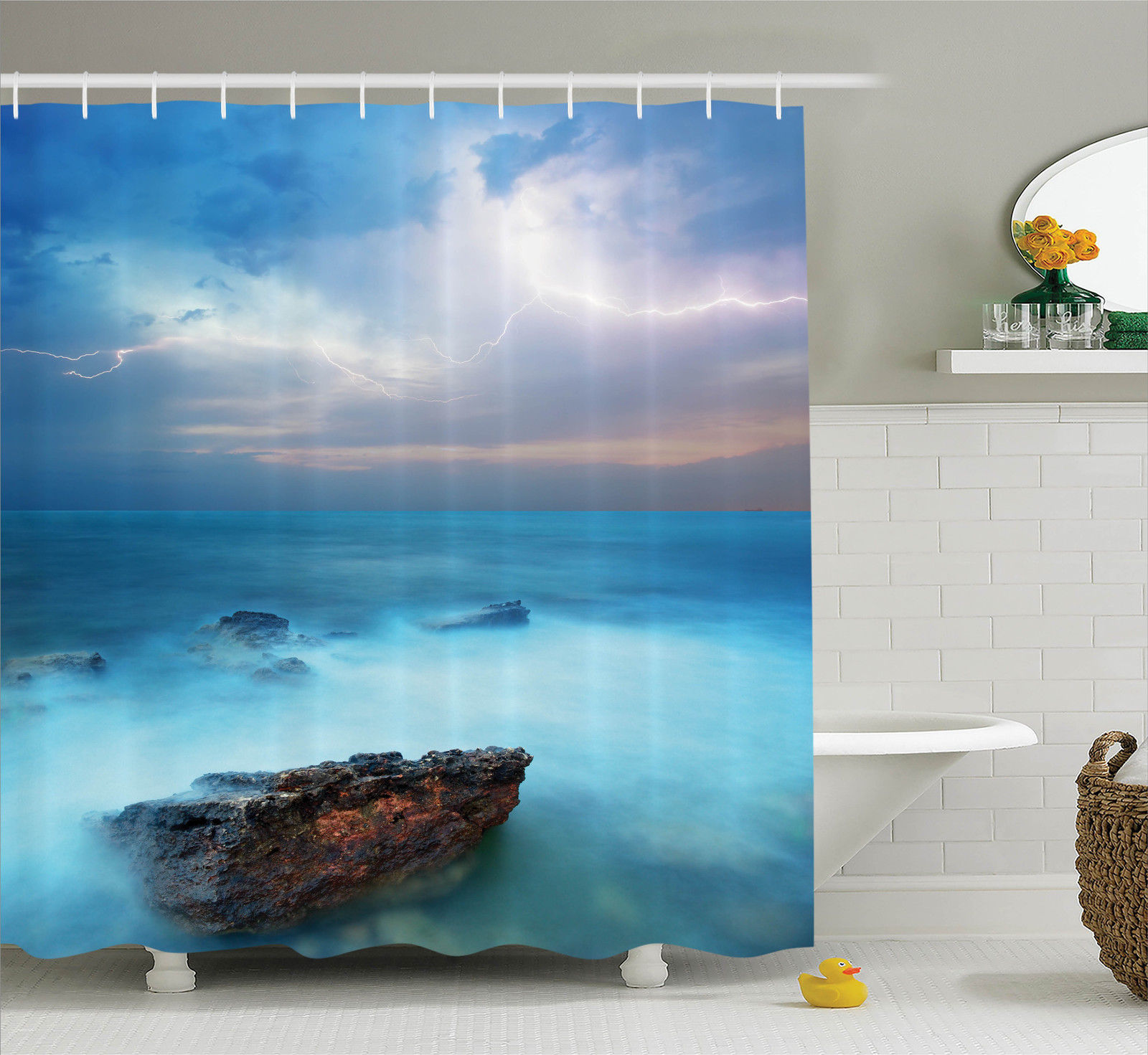 Lake House Decor Tropic Sea With Rocks And Storm Flash In The Air Tranquil But Dangerous Epic Scenery Bathroom Accessories 69w X 84l Inches Extra Long By Ambesonne Walmart Com Walmart Com