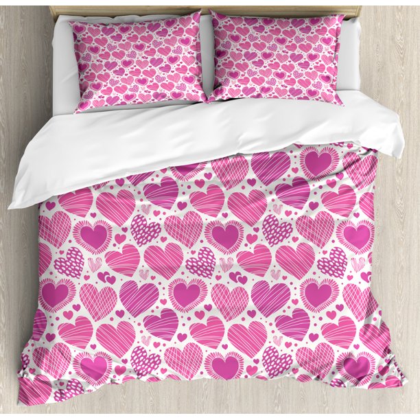 Valentines King Size Duvet Cover Set, Romantic Heart Shapes with Many