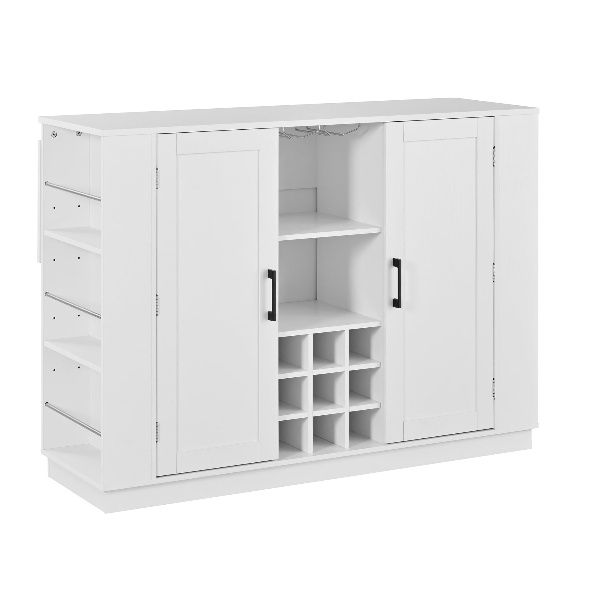 Euroco 47.2" Kitchen Island with Power Outlet, Wine Bar Cabinet with Side Shelves,Drop Leaf, Bottle Rack & Glass Holder, Coffee Bar Cabinet,Buffet Sideboard with Storage for Living Room,White