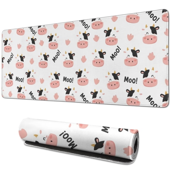 Long Mouse Pads for Desk,White Cow Moo Pattern Desk Mats on Top Of Desks, Desk Mouse Pad Extra Large with 3mm Non-Slip Base and Stitched Edge for Gaming,Office,Work,Home 31.5"x11.8"