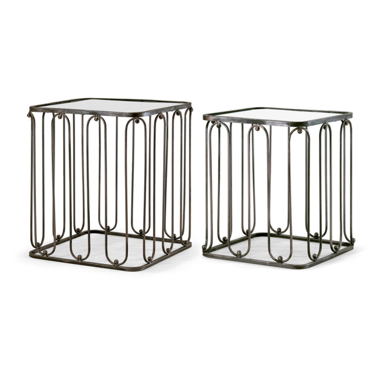 Abana 2Piece Modern Square Nesting Mirrored Glass Top Metal Frame End Table Set