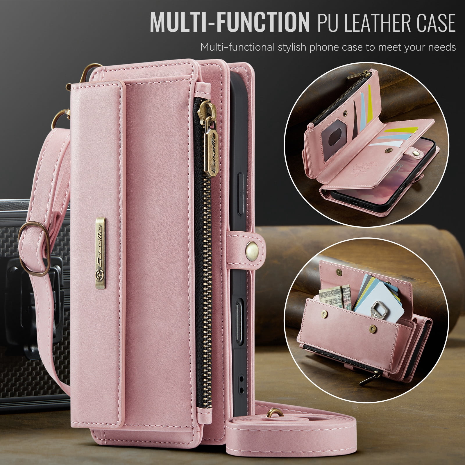 Compatible with iPhone 17 Pro Max Wallet Case, Women Men RFID Blocking PU Leather Flip Cover Zipper Pocket Card Slots Phone Case for iPhone 17 Pro Max, Wrist Strap & Crossbody Strap, Pink