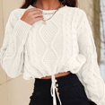 thumbnail image 6 of VISALY Pullover Crewneck Sweatshirt Knit Sweater Women's Cable Knit Sweaters Drop Shoulder Long Sleeve Crew Neck Casual Pullover Tops Crochet Sweaters Lightweight Pullover Soft Sweaters Beige S, 6 of 9