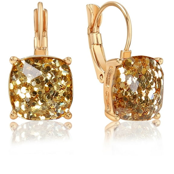 Humble Chic Gold Square Earrings for Women - Sparkly Glitter Leverback Dangles