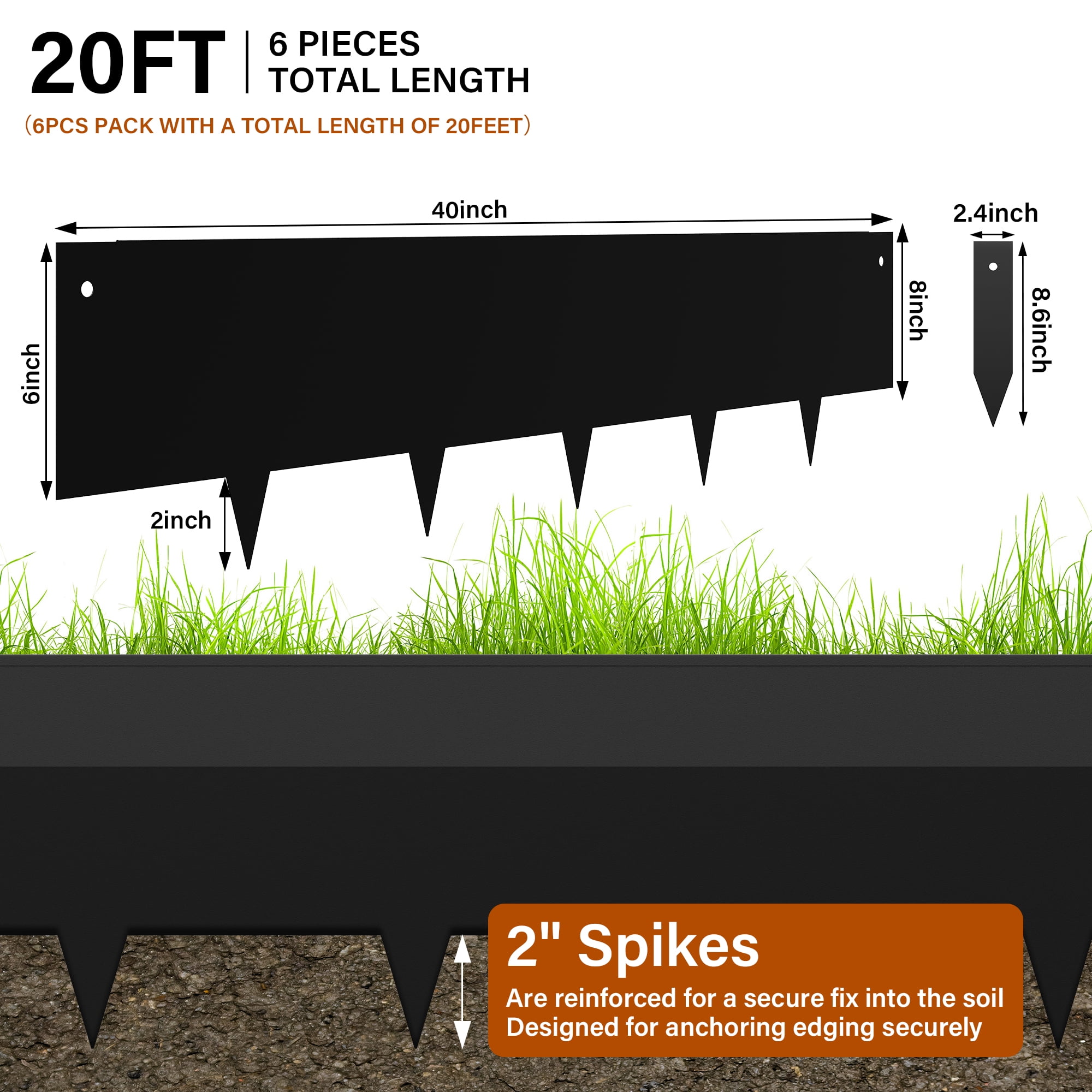 8" Black Metal Landscape Edging Corten Steel for Flower Bed Landscaping Garden Border Strips for Lawn Grass DIY Decorative Pathway Yard Plant Outdoor Landscape Divider Edge Stakes Hammer-in 6PCS