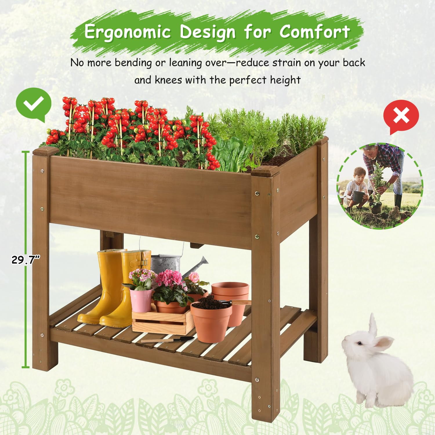 PETSCOSSET Elevated Planter Box with Storage Shelf, Solid Wood, Drainage Holes, 33 Inch