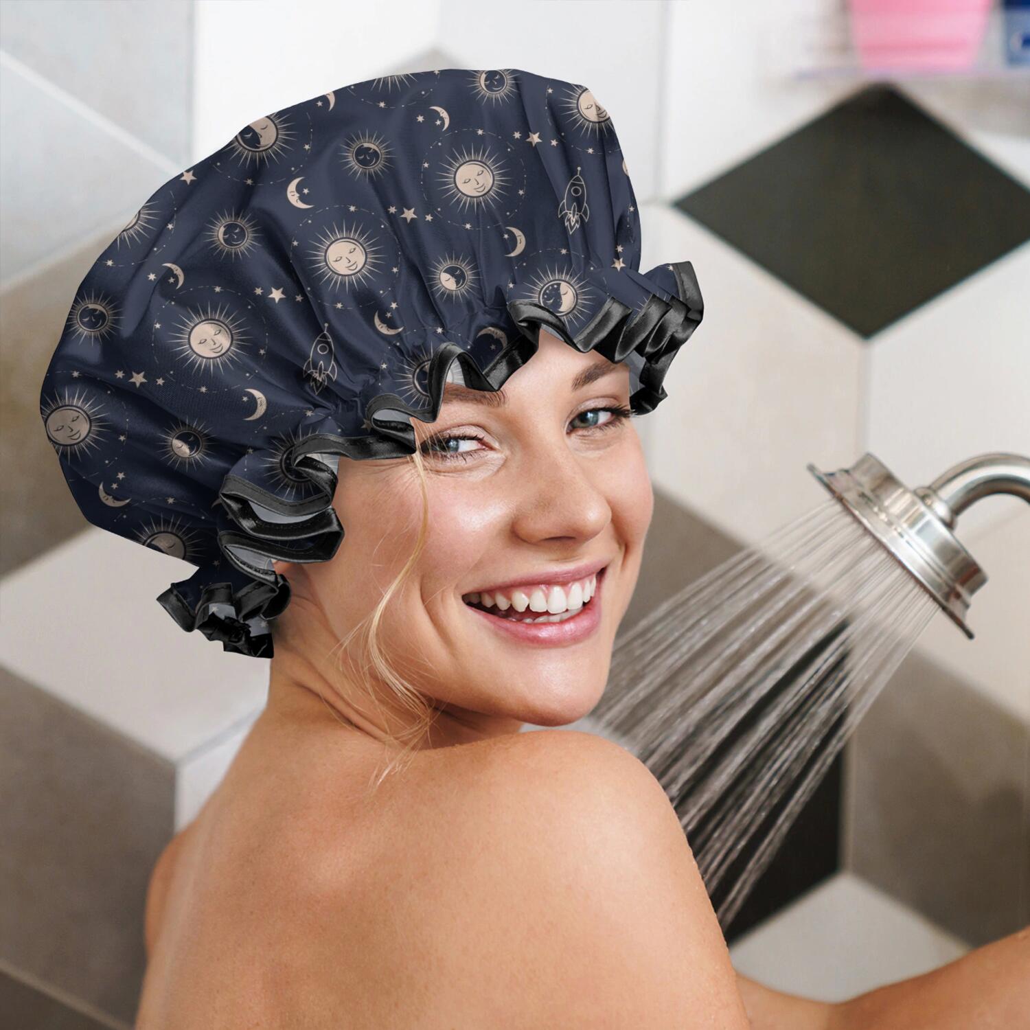 Shower Caps,Dark Blue Sun Moon Rocket Pattern Waterproof Shower Cap for Women 4 Pieces,Double Reusable Hair Cover for Shower PEVA Elastic Stretch Hem