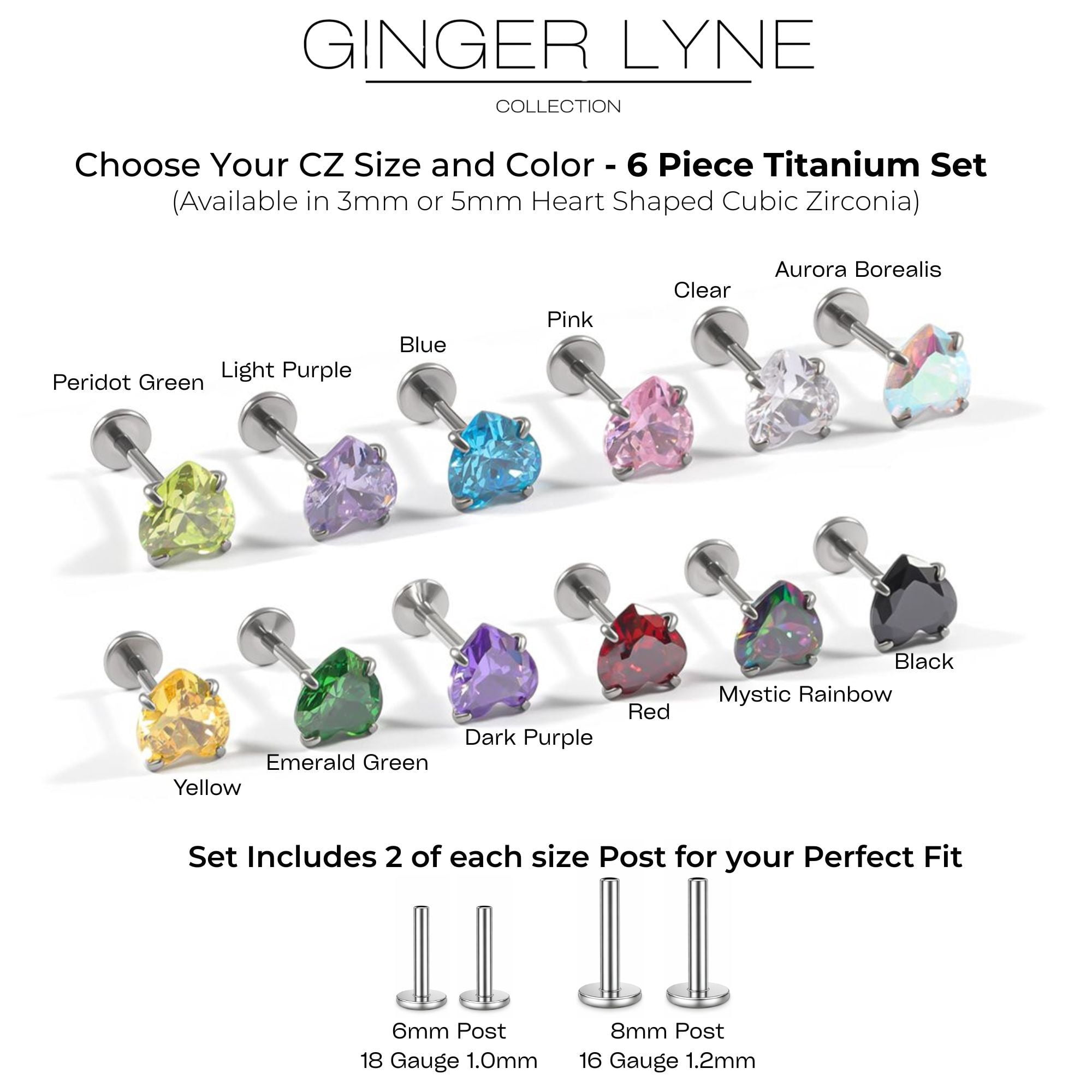 Small Heart CZ Solitaire Flat Back Stud Earrings Body Piercings by Ginger Lyne 2 Sets Post 6mm 8mm Included
